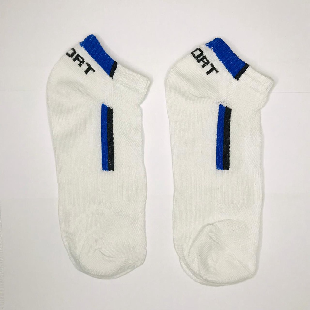 INDOMINI KAOS KAKI POLOS 6 GARIS SOCKS MURAH KAOSKAKI FASHION WANITA PENDEK IMPOR R103-SPORT PUTIH BIRU