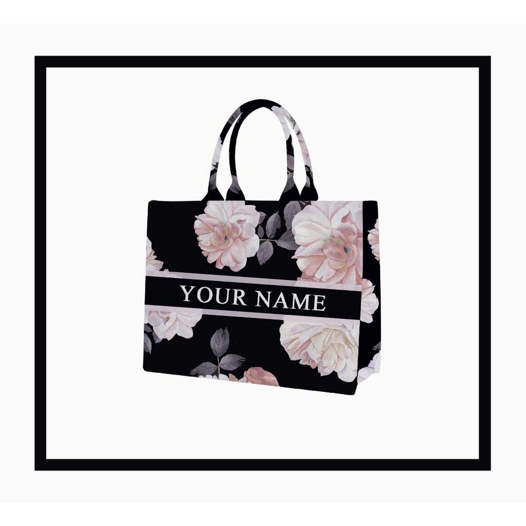 Tas Nama Custom Print Bunga Soft Warna Dasar Hitam