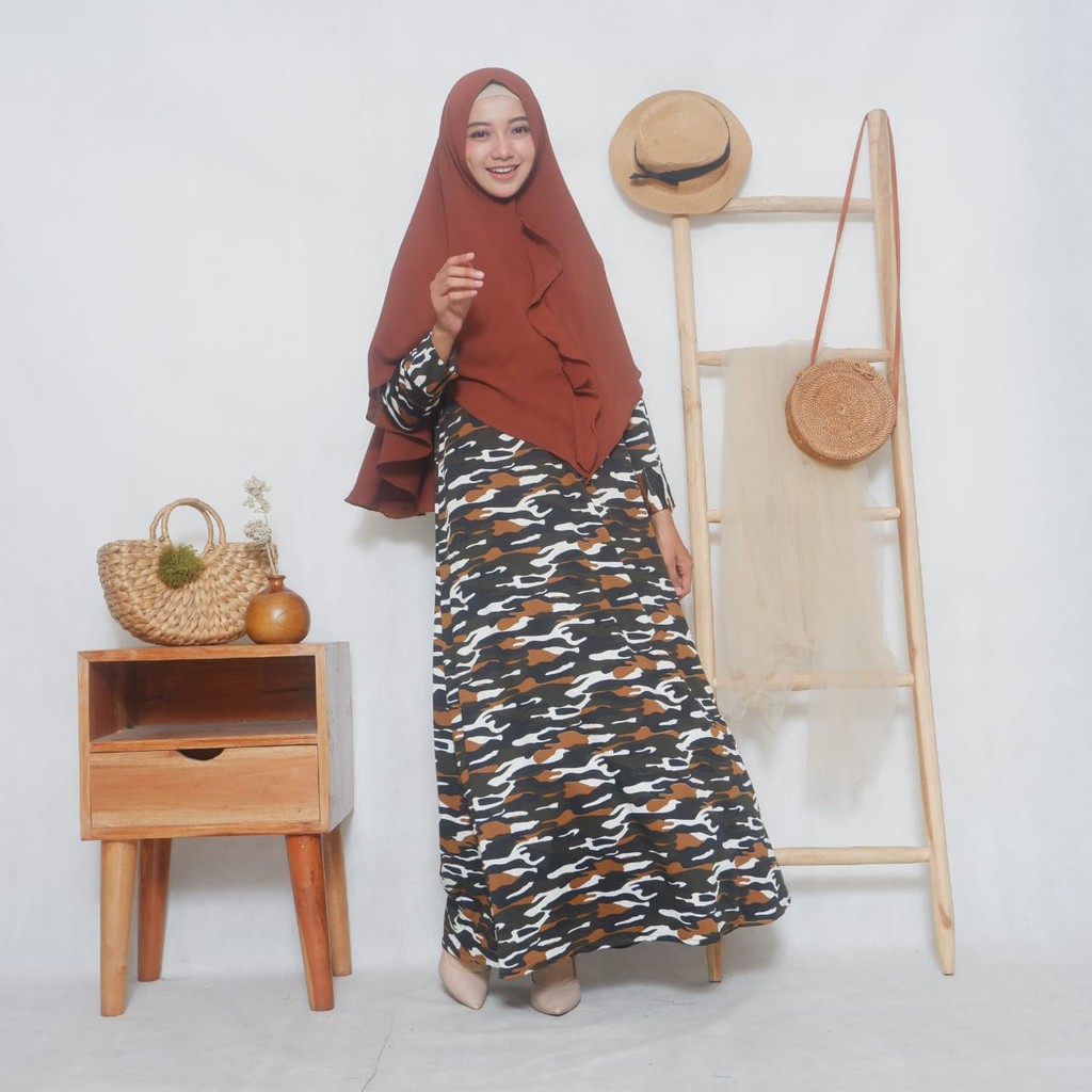 gamis wanita motif army | Dress Syari Motif Army
