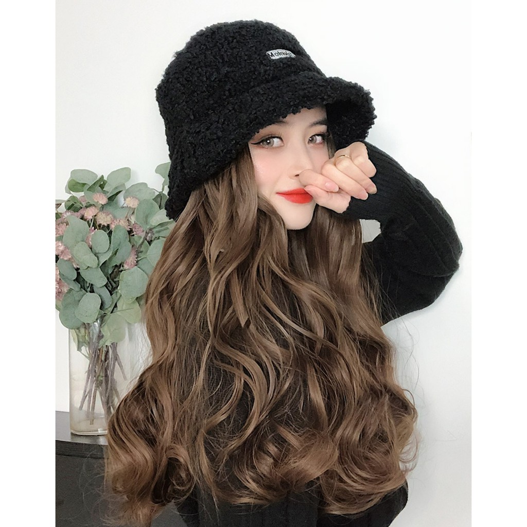 HTK wig topi bucket hat wool baret beret panjang wig hat rambut palsu hair extension