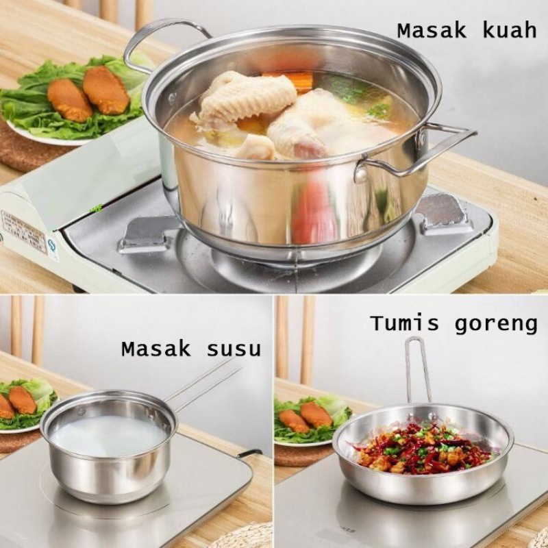 PROMO Panci Teflon Panci Masak Stainless Steel 1 Set Isi 3 Panci set tutup kaca wajan praktis-TERMURAH