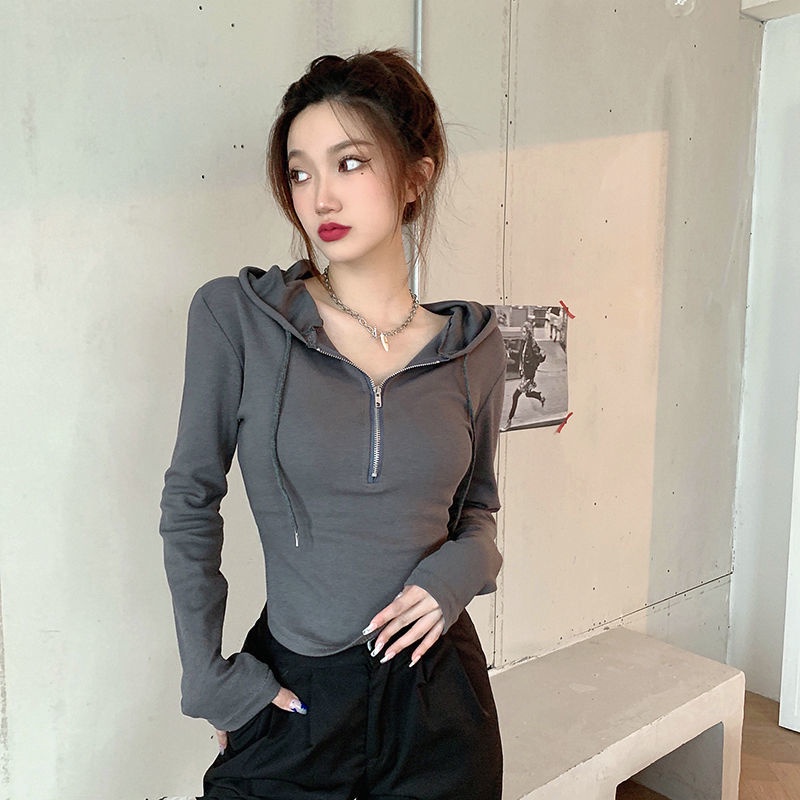 Suhao Pure Desire Top Wanita Sweater Musim Semi Baru Fashionable Tinggi Pinggang Slim Hooded Lengan Panjang