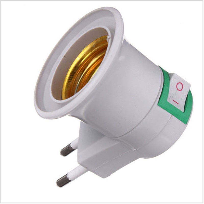 White E27 LED Light Socket To EU Plug Holder/ Adapter Converter ON/OFF For Bulb Lamp