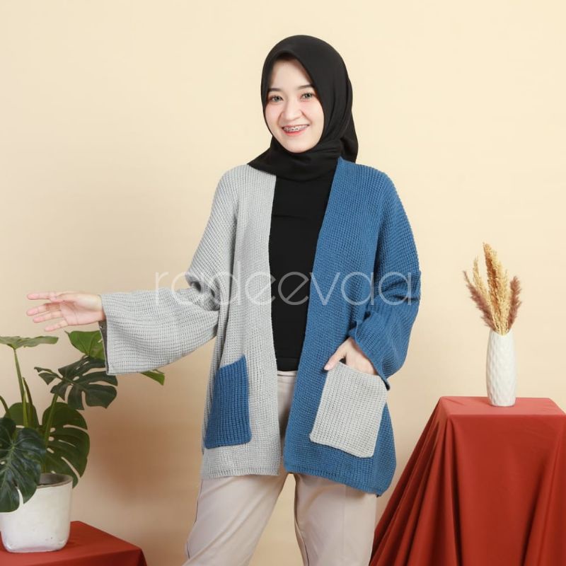 CARDIGAN OVERSIZE RAJUT TWO TONE LAVELLA KNIT MIX 2 WARNA