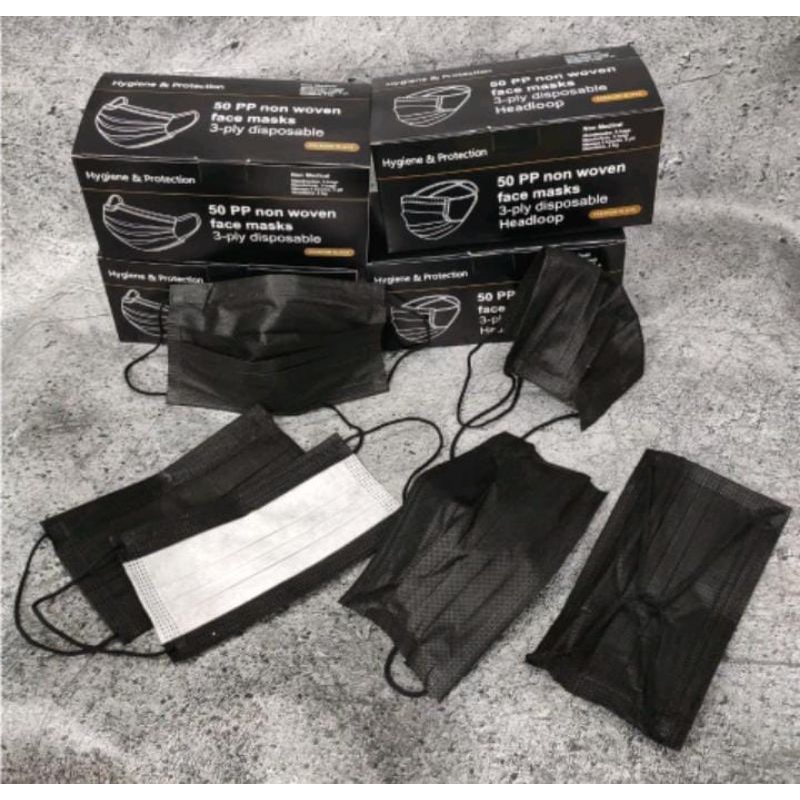 MASKER 3PLY HITAM BLACK PP 50 NON WOVEN HEADLOOP HIJAB DISPOSABLE