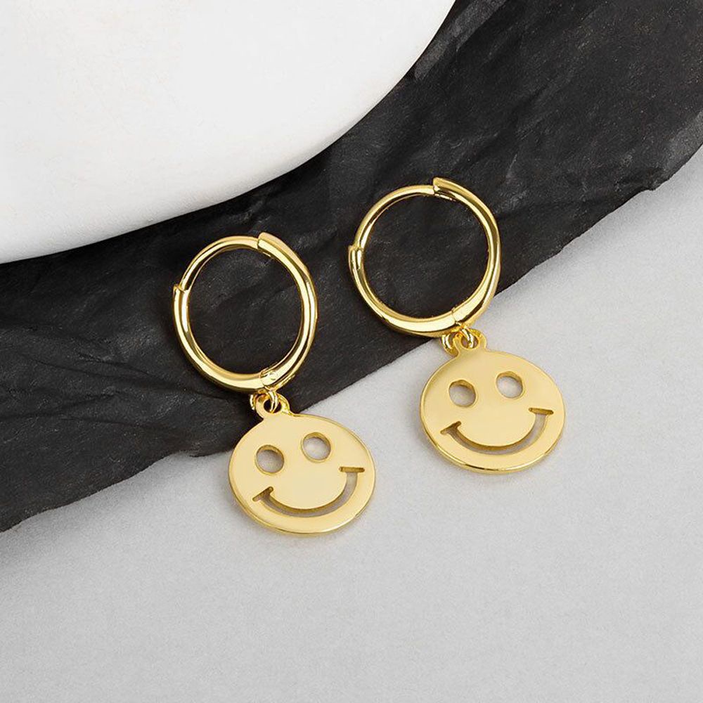 Anting Hoop Geometris Hias Liontin Smiley Face Bahan Logam Warna-Warni Untuk Wanita