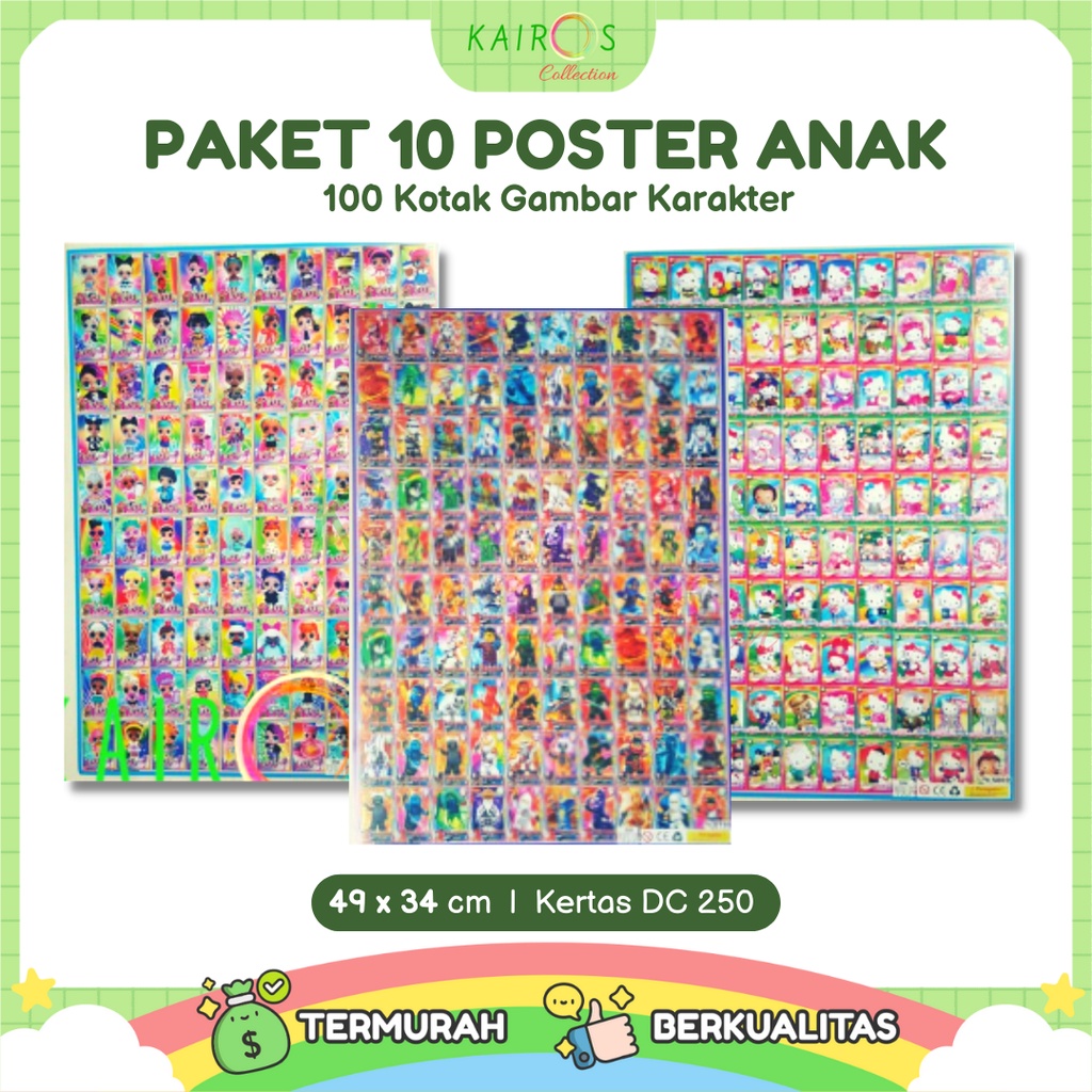 Paket 10 Poster Anak Edukasi Belajar Aneka Karakter 100 Kotak