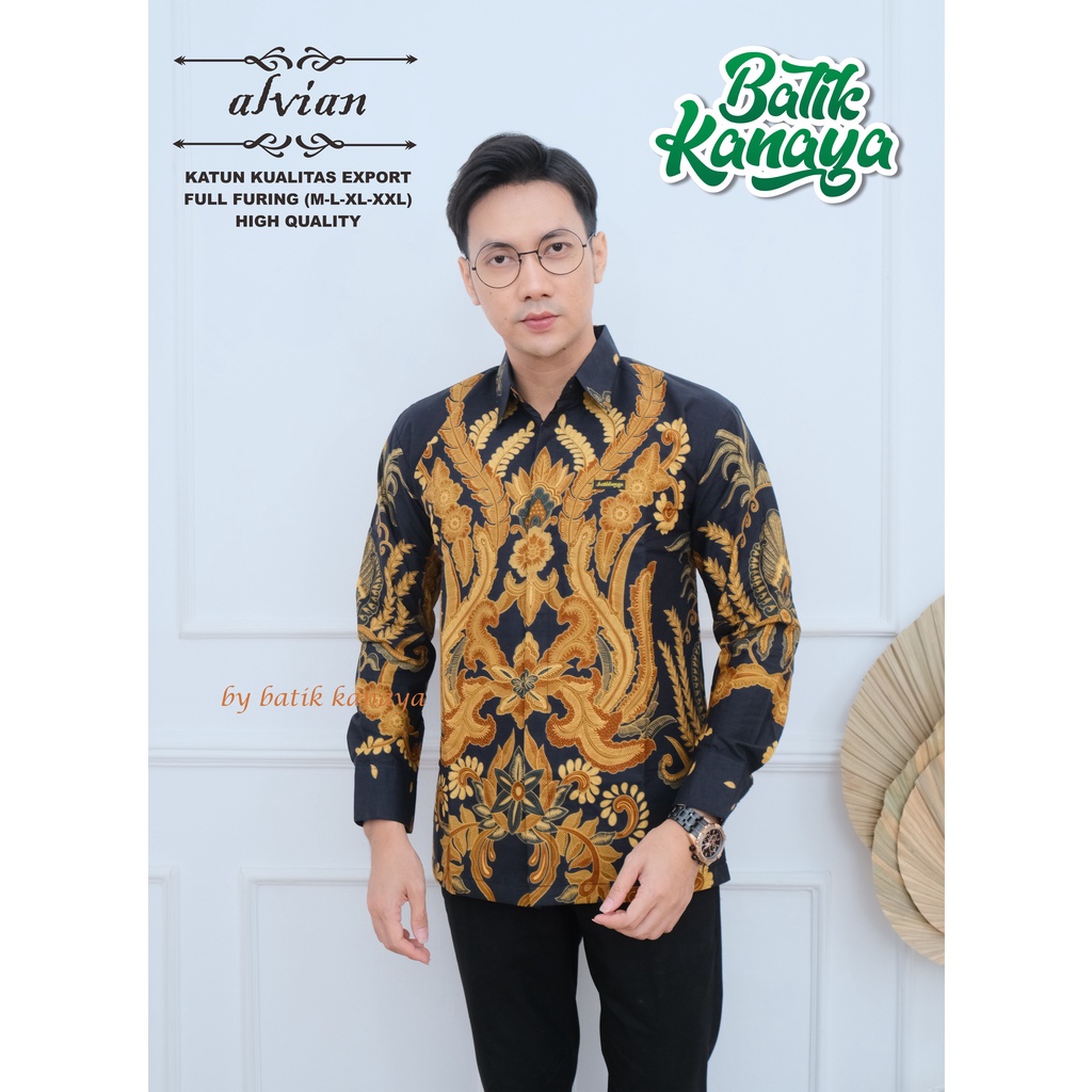 Kanaya - Kemeja Batik Pria Lengan Panjang Full Furing Bahan Katun Kualitas Ekspor ALVIAN Warna Dasar Hitam