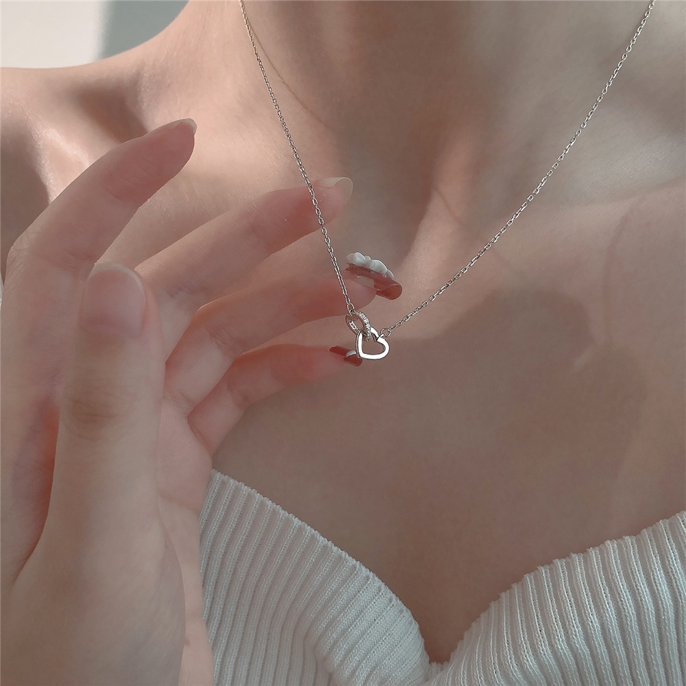 Kalung Rantai Model Double Layer Desain Hati Warna Silver Gaya Korea Untuk Wanita