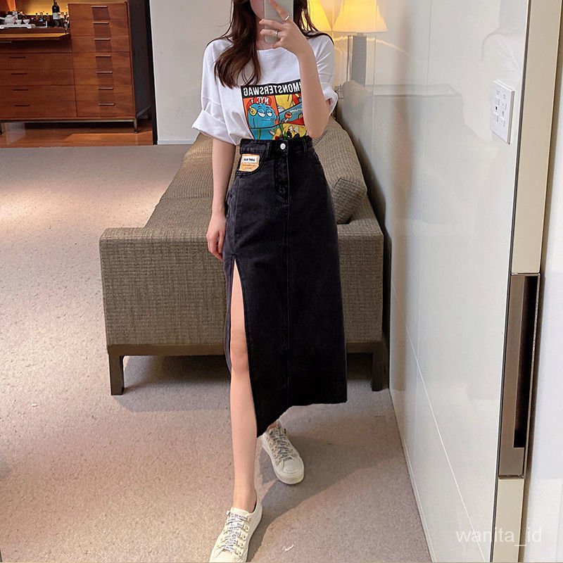 【wanita.id】rok jeans panjang korean style skirt midi rok denim panjang rok belah samping rok daily rok sepan sma rok model a jumbo