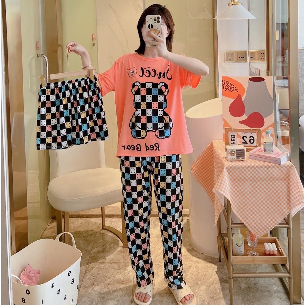 AJW Shop Piyama 3in1 | Piyama Import Dewasa | Setelan Wanita Kekinian | Baju Tidur Wanita Dewasa-BearKotak Oren