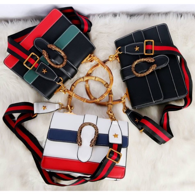 GUCCI'S Dionysus Striped Bamboo Top-Handle Bag like Ori Calfskin Leather Antiqued golden 6136