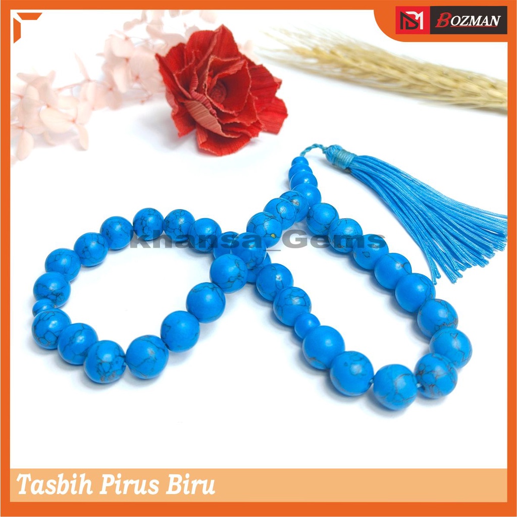 Tasbih batu natural pirus biru shanghai diameter 10 mm lebih besar isi 33 butir Aksesories Keagamaan Ibadah Sholat Dzikir Fashion Muslim