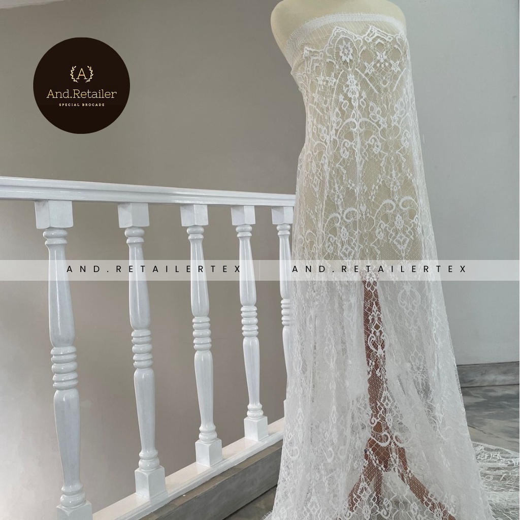 Bahan Kebaya Brokat Semi France Lace Chantily Shantily Katun Per panel 2,5m Warna White Putih