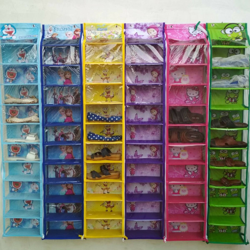 RAK SEPATU GANTUNG Karakter Resleting 10 Kotak Susun Mika Tebal - Rak Tempat Sepatu Plastik Tertutup