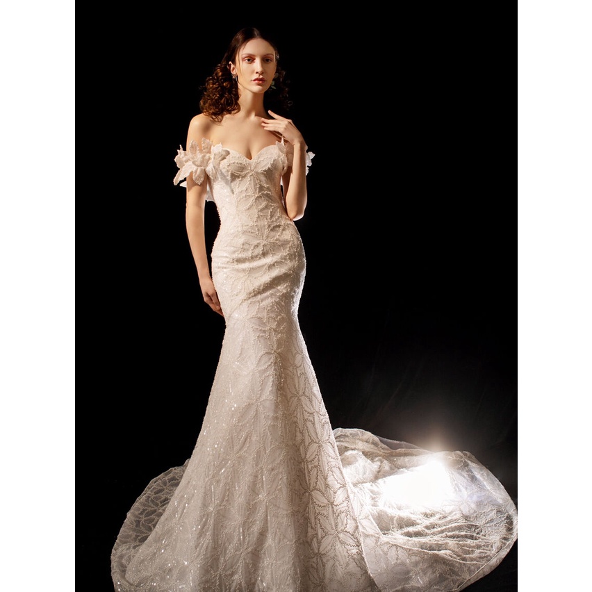 Kustom 2022 Baru Satu Bahu Slim Mermaid Wedding Dress Mewah Kelas Berat Renda Buatan Tangan Gaun Pen