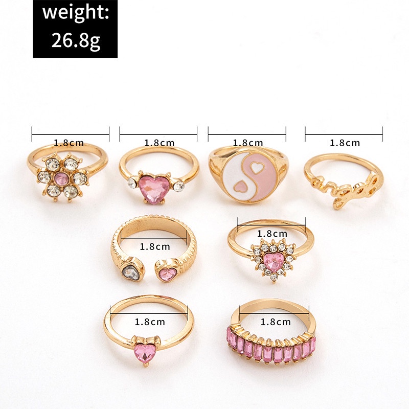 8pcs / Set Cincin Desain Bunga Tulisan Love Aksen Berlian Penuh Warna Pink Untuk Wanita