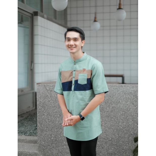 BAJU KOKO KURTA KOMBINASI LENGAN PENDEK WARNA PUTIH MOCCA TOSKA NAVY UKURAN M L XL