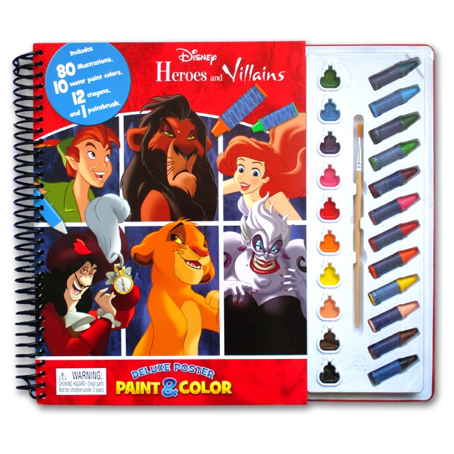 Disney Hero and Villains Deluxe Poster Paint & Color Book (80 Illustrations, 10 Water Paint Colors, 
