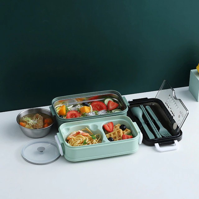 Triple W 3in1 Lunch Box Stainless Kotak Bekal Makan Sendok Garpu Set