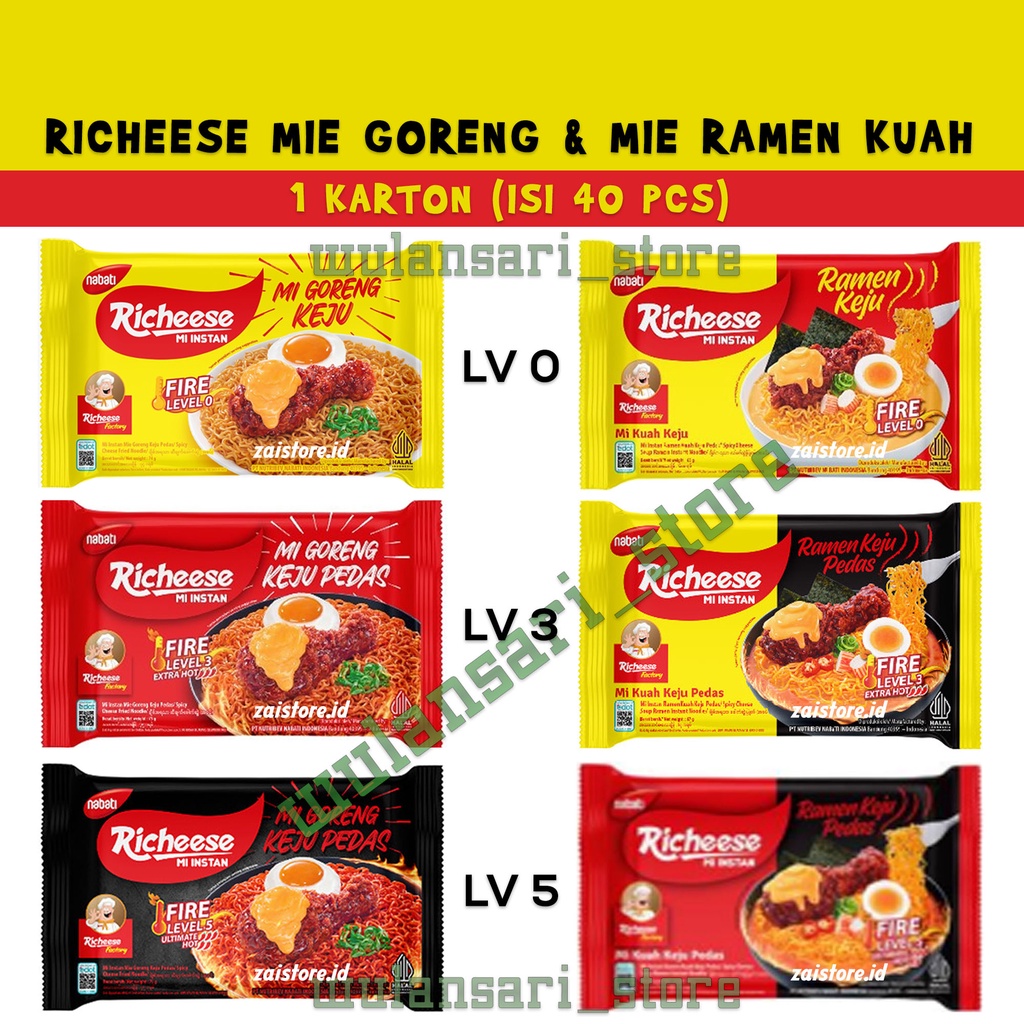 

Richeese Mie Goreng & Ramen Keju Level 5, Level 3, Level 0 (1 karton isi 40 pcs)