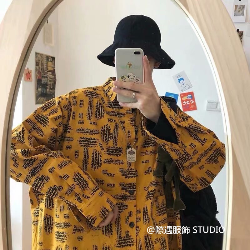 Kemeja Model  Longgar Lengan Panjang Motif Print Gaya  Punk  