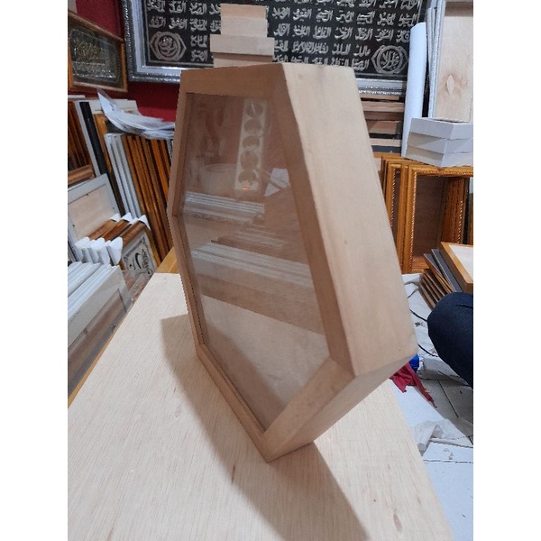 Pigura kayu 3d Hexagonal d30cm komplit kaca Akrilik anti pecah