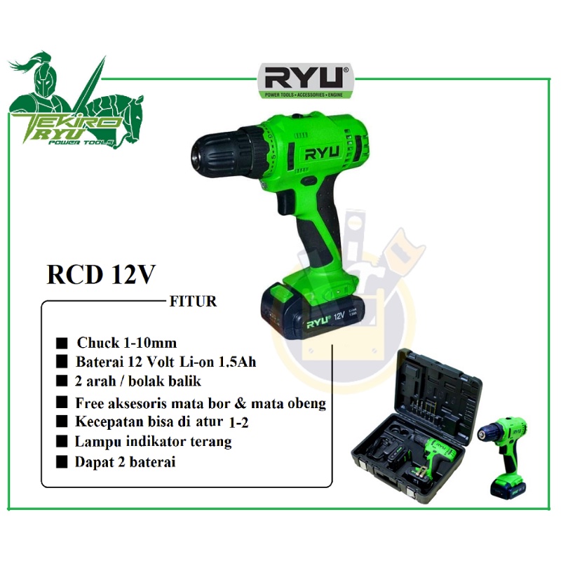 RYU RCD 12V Cordless Drill 12 V Mesin Bor 2 Beterai Cordless 12V 12 Volt Cordless Ryu 2 Baterai RCD 12V Cordless Drill 12 V