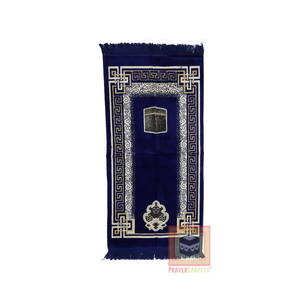 Sajadah Muslim Size 51x102cm Dark Blue Desain Kakbah Dengan Glitter Emas Motif Pola Meandros