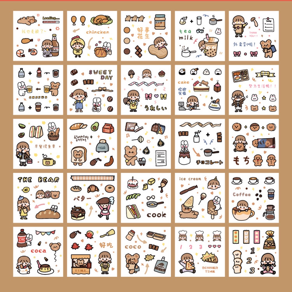 QUINTON Gift Box Kawaii Sticker Set Cartoon Stationery Decorative Sticker Packing Decoration DIY Scrapbooking Waterproof 100 pcs/box Drink Food Animals Girls Pattern Diary Photos Albums Adhesive Decals