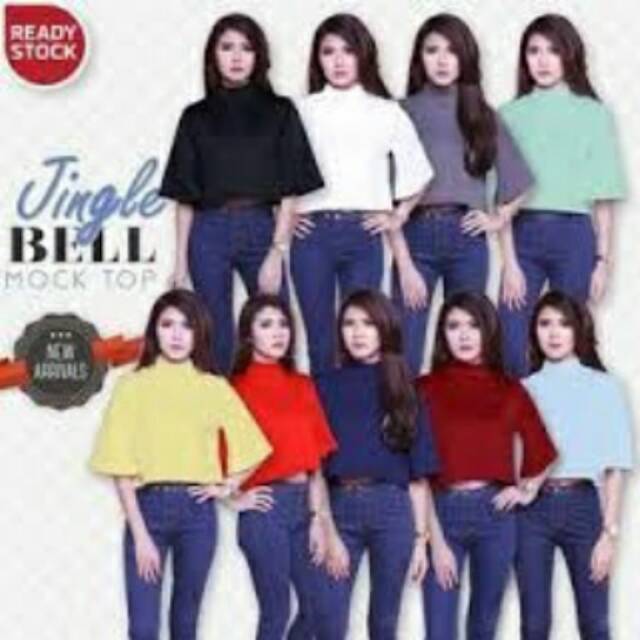  Atasan  Blouse crop scuba kerah mock tangan Jingle bell 