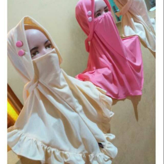 Hijab khimar anak masker tali rempel button  cadar qinob instan