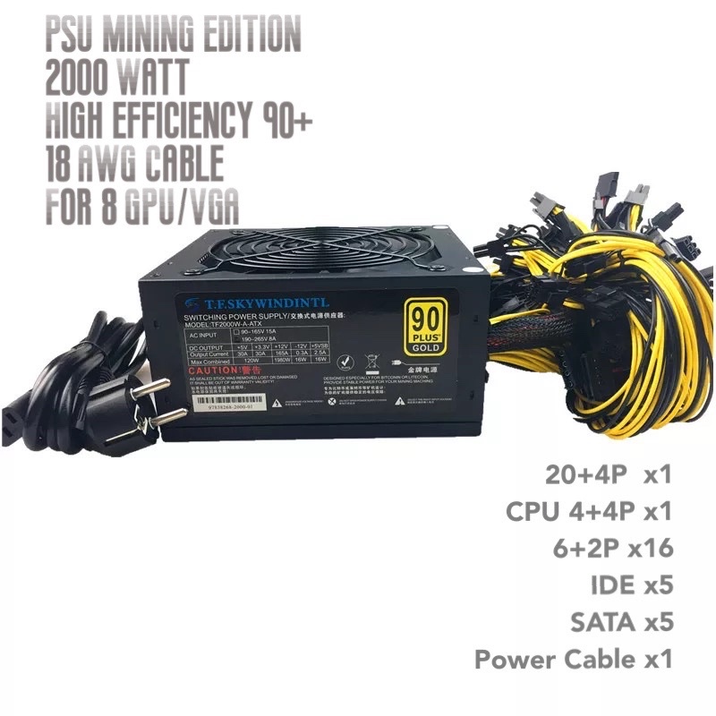 PSU 2000 WATT MINING EDITION 90+ 8 VGA GPU POWER SUPPLY 2000w