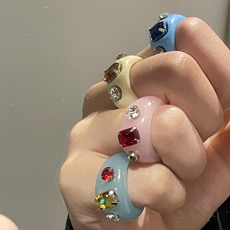 Perhiasan Cincin Kristal Berlian Imitasi Geometris Warna-Warni Gaya Korea Untuk Wanita