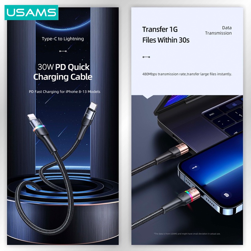 USAMS U76 Kabel Data LED PD Fast Charging 30W Type C to Lightning