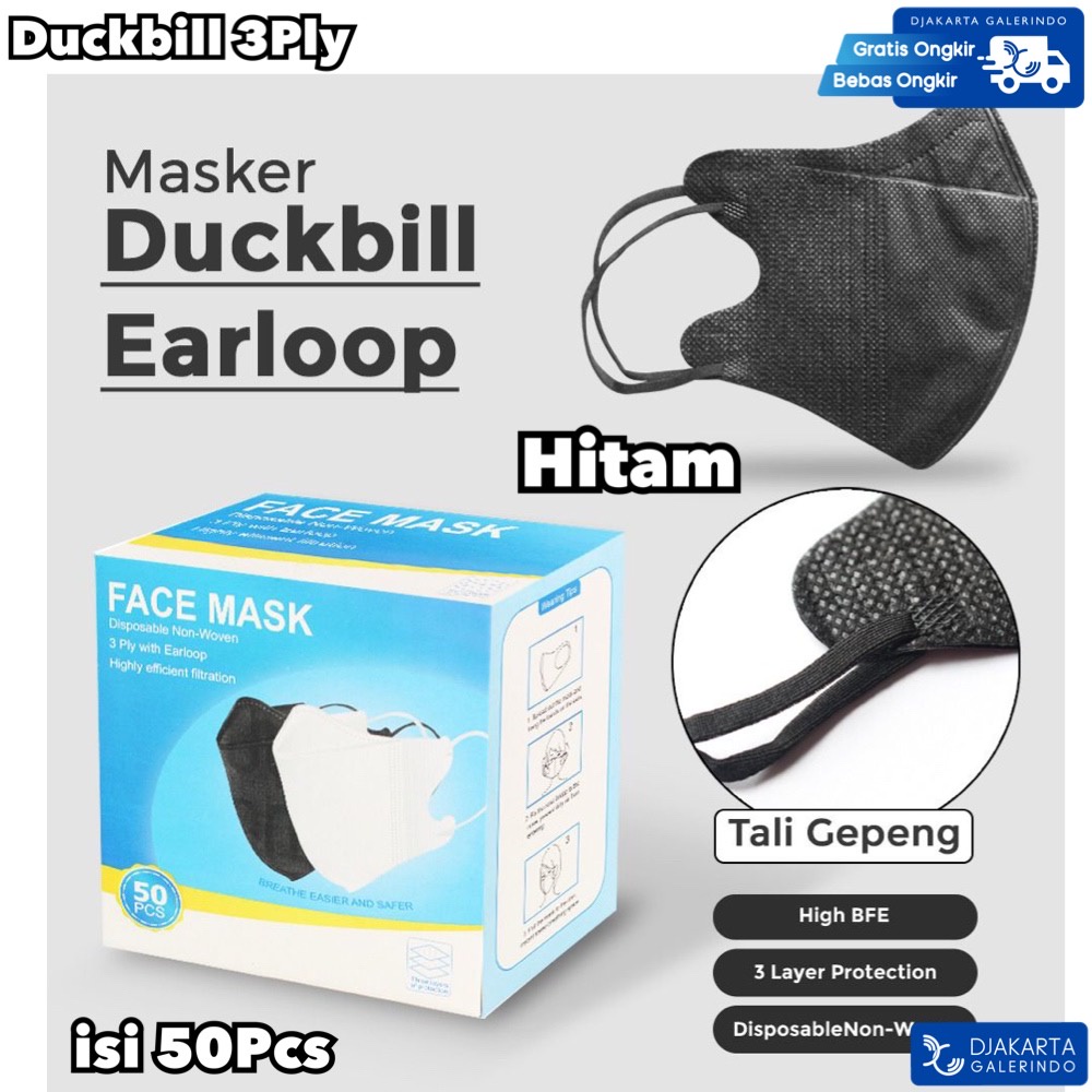 Masker Duckbill Murah Putih Hitam Tebal Box isi 50Pcs