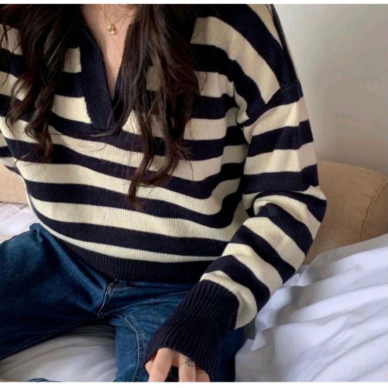 BEFAST - ZSO OOTD Sweater Salur GICIA / THANIA KNITE BLASTER SWEATER RAJUT WANITA | SWEATER KOREA / Pakaian Casual Wanita Remaja / OOTD Ala Style Korean / Atasan Lengan Panjang / Sweater Motif Garis-Garis / Outfit Hangout Wanita ABG