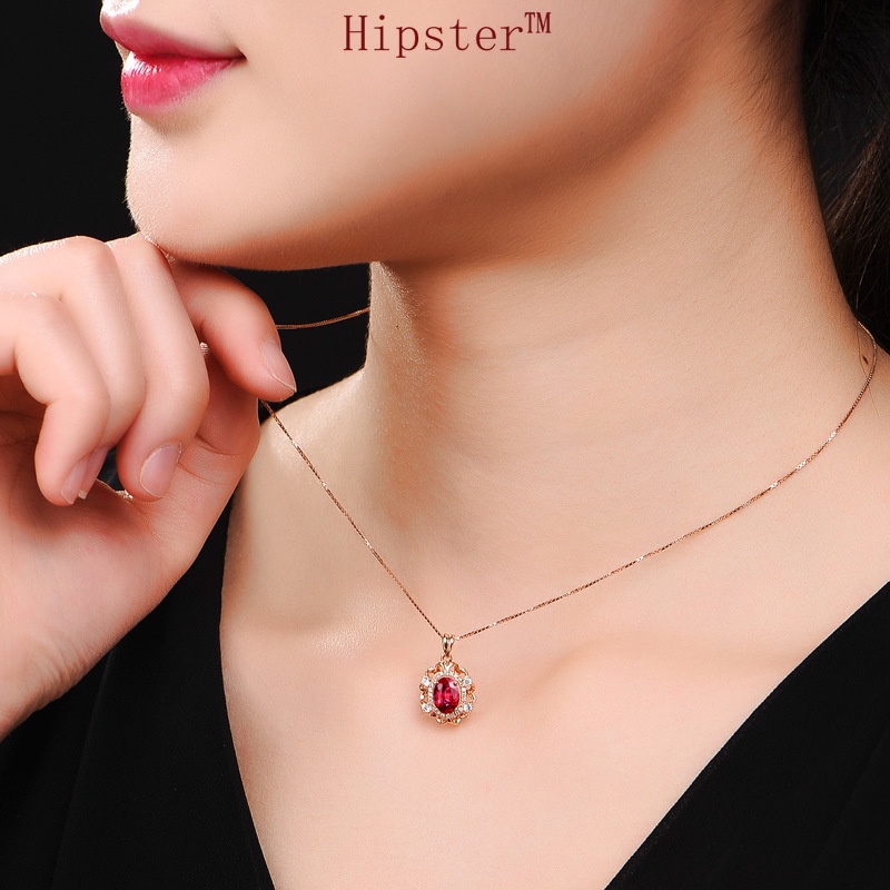 Full Diamond Natural Ruby Pendant Vintage Rose Gold Necklace