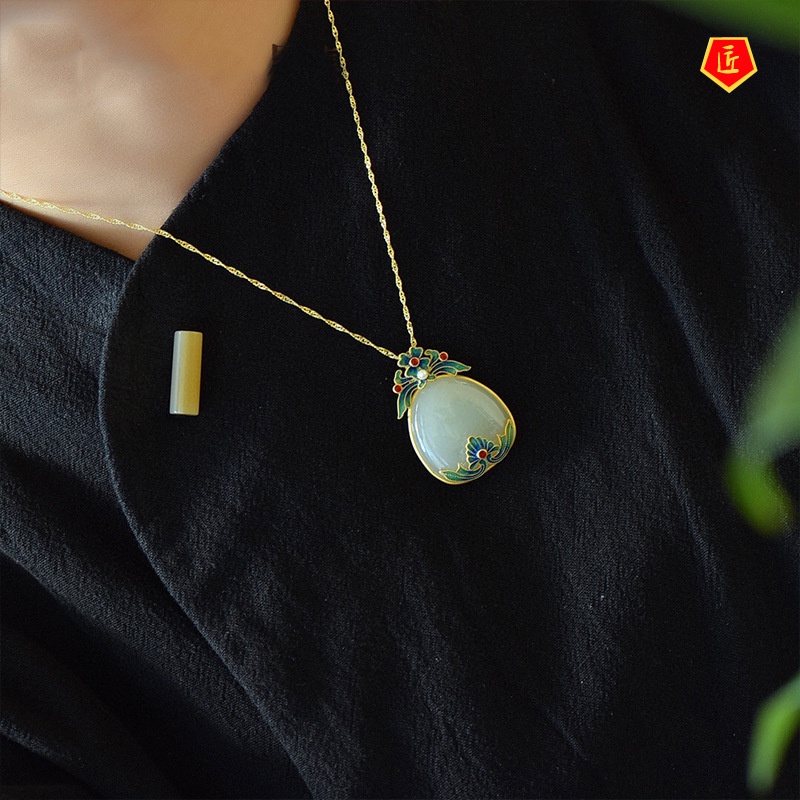 [Ready Stock]White Jade Gold Necklace Women's Retro Artistic Chinese Style