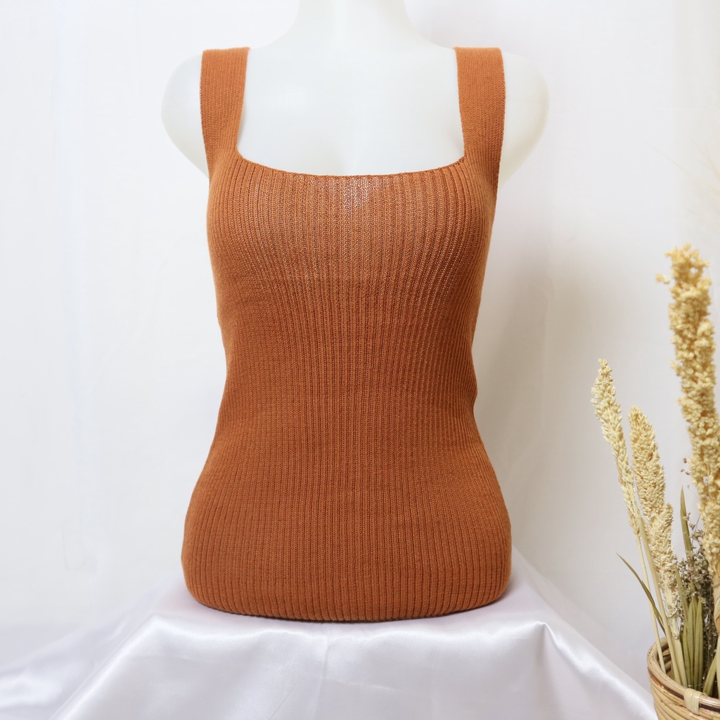 Tank Top Wanita Pakaian Atasan tanktop cewek korea rajut square neck-CORAL/BATA
