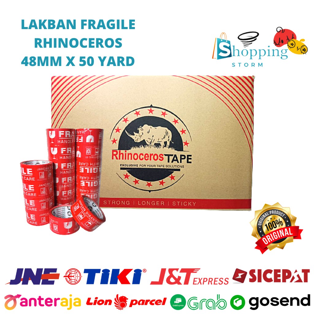 

Lakban Fragile RHINOCEROS Tape Selotip Solasi 48MMx50YARD@72Pcs PerDus