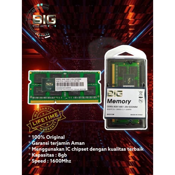 Sodimm Ddr3l 8Gb 1600 // Sodimm 8Gb Pc3l 12800 merk BIGCOM Garansi Lifetime