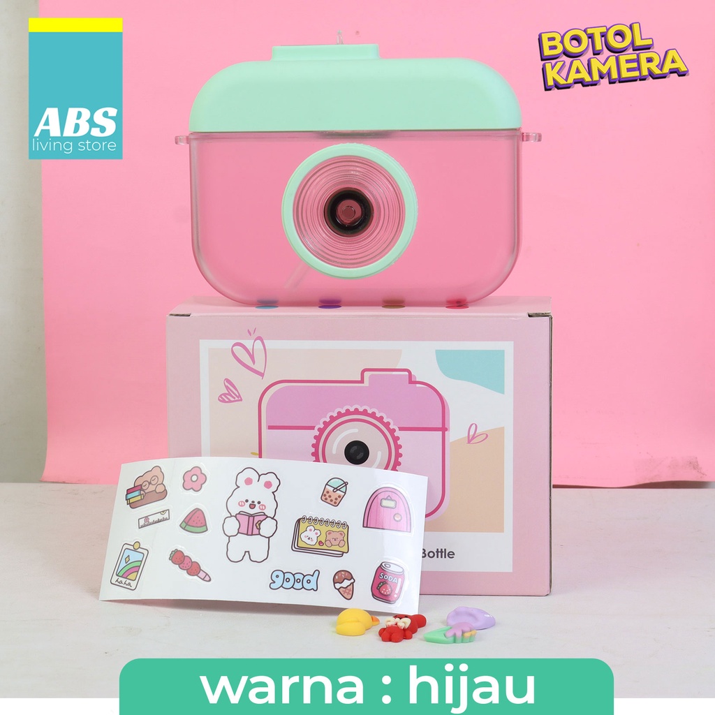 ABS Camera Bottle / Botol Kamera Unik / Botol Minum Anak Free Sticker Karakter 400ml BPA FREE-Hijau