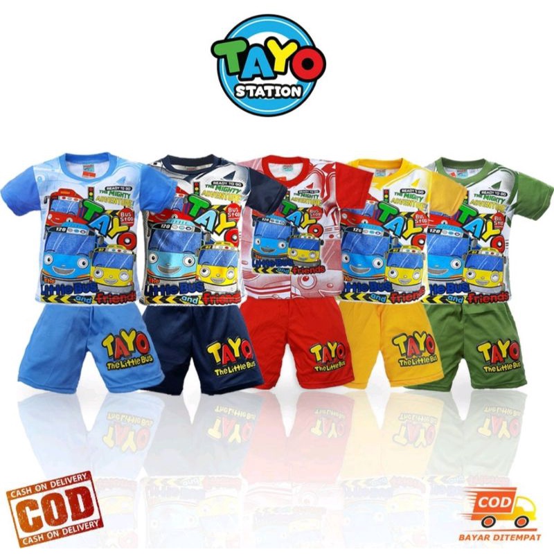 Setelan kaos anak laki laki motif tayo / Setelan kaos anak laki laki gambar tayo utk usia 1-10 thn