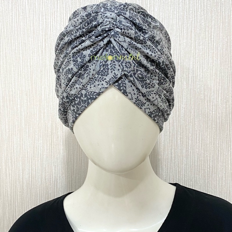 Melonmint Handmade Hijab Jilbab Turban Instan Warna Abu Motif Bunga Etnik Bahan Kaos