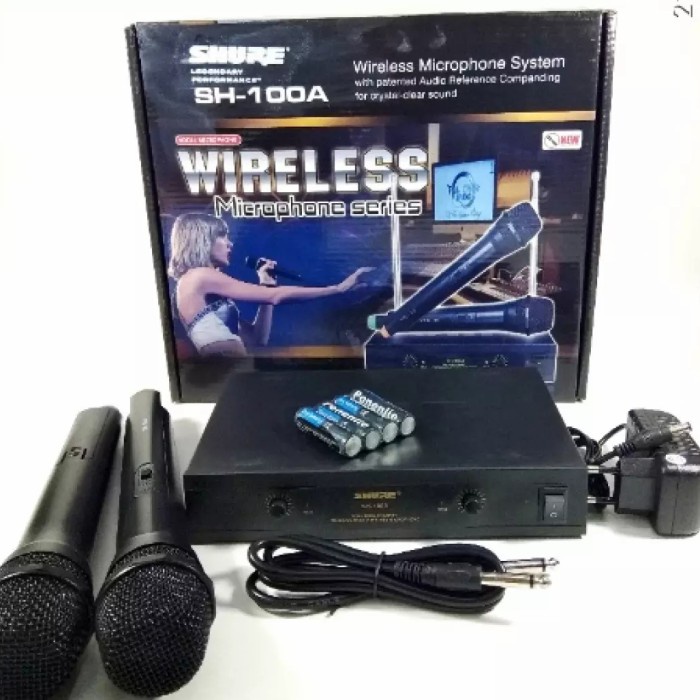 PAKET Mic Karaoke Wireless Microphone Shure SH-100A Original Mik Tanpa Kabel ISI 2PCS + RECEIVER MANTAP