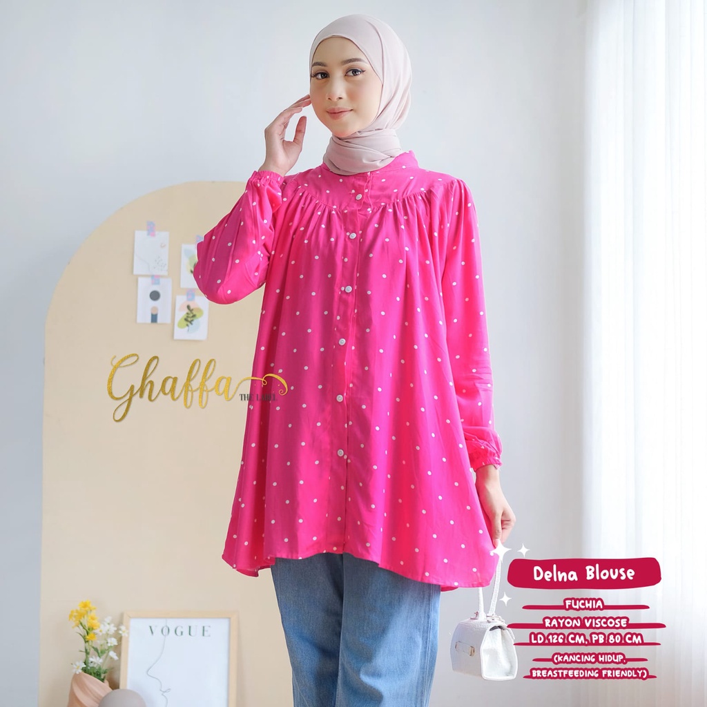 DELNA Blouse Korean Style Jumbo LD 120 Katun Rayon Motif Polkadot Kekinian Fuschia Lengan Panjang