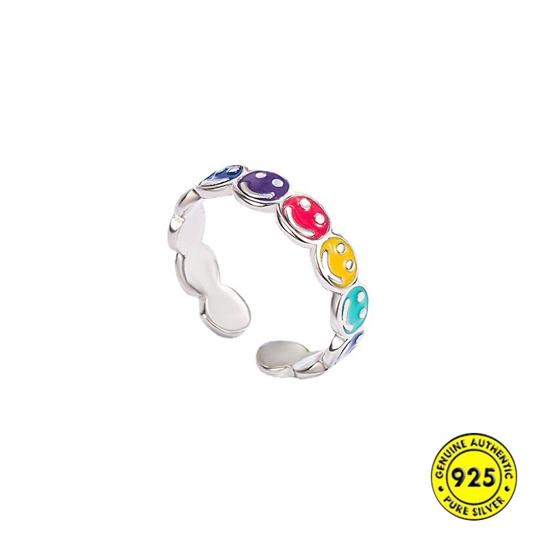 Cincin S925 Silver Model Terbuka Dapat Disesuaikan Motif Smiley Warna Pelangi Untuk Wanita