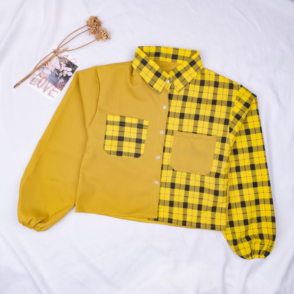 SALE!!! Mika Crop Top / Kemeja Crop Wanita Tartan / Kemeja Two Tone Kotak-MIKA YELLOW