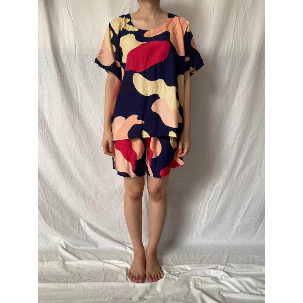 Daily Set / Pajamas Set / Piyama Set  - Tangan Pendek , Celana Pendek (SU)-Cat Navy